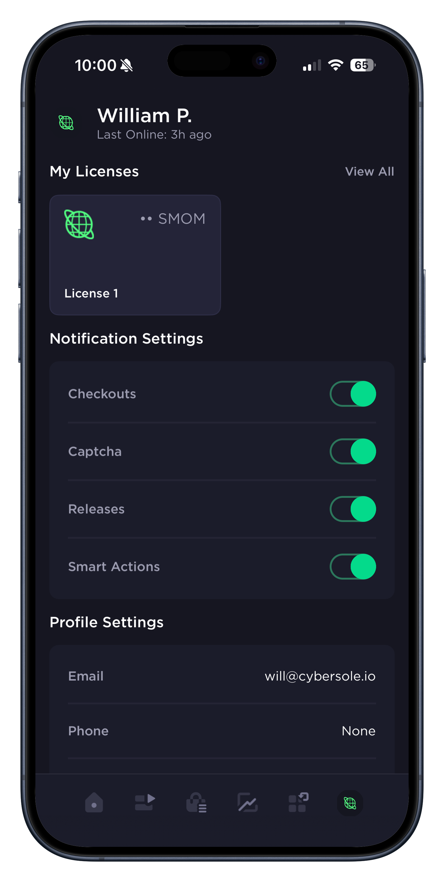 Cybersole for mobile app license management screen